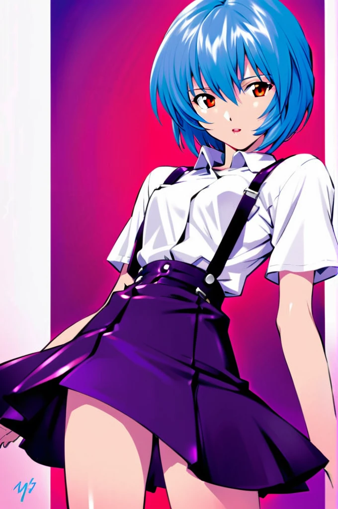 1girl, ayanami rei, solo, red eyes, short hair, , blue hair, tokyo-3 middle , signature, short sleeves, hair between eyes, suspender skirt, purple background, bangs, purple theme, shirt, cowboy shot, looking to the side, skirt, white shirt, looking at viewer, parted lips, suspenders,