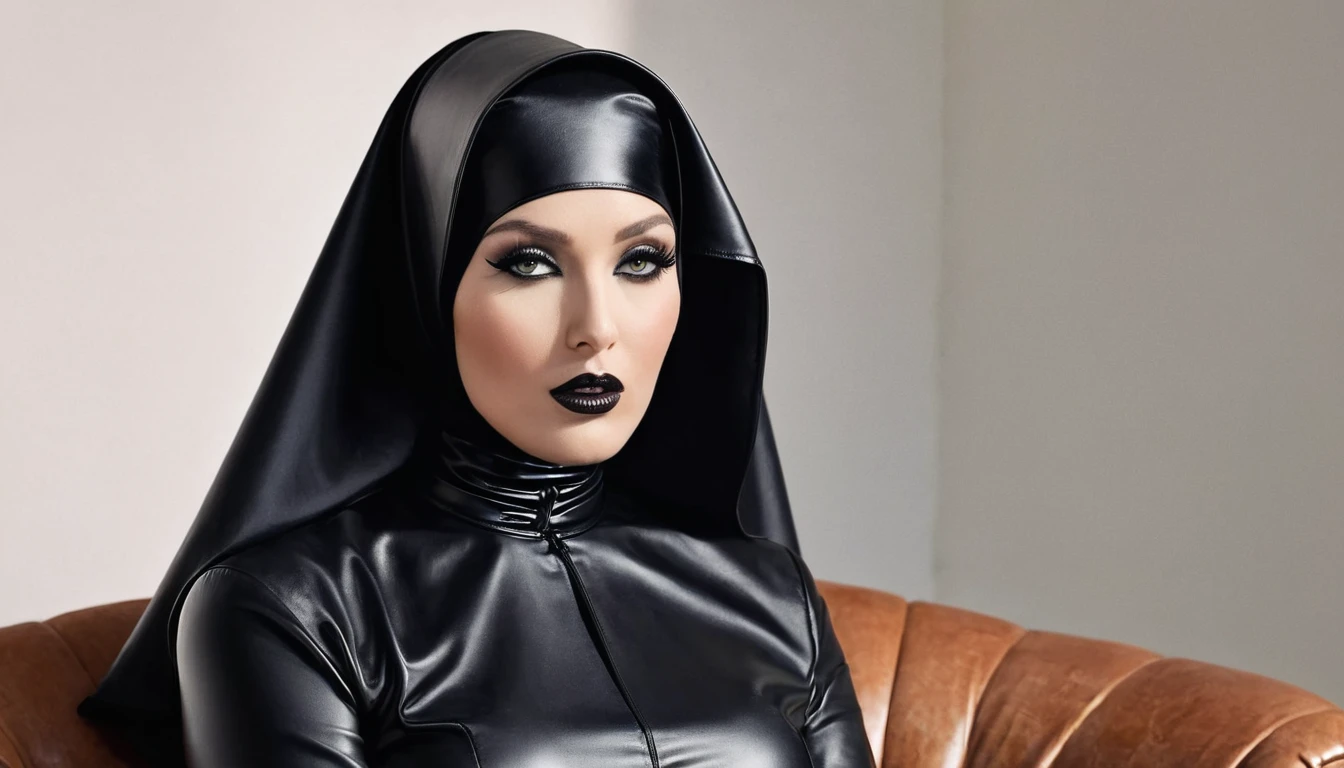 An evil, sexy, hypnotizing nun. The face of a mannequin. She is wearing a "black latex veil", a tight-fitting "hijab", "black leather high-heeled boots" and "black leather gloves". He's sitting in an armchair.