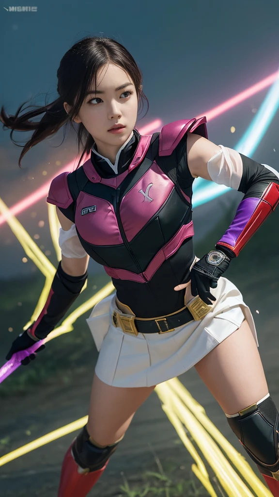 A Stirring, High-Quality Masterpiece of a member of a Ranger Team. The ranger is adorned in vibrant colors: rosa, red blazing in the foreground, violet, green, yellow, black blue, and white. Her dynamic poses exude energy and courage against a background that pulsates with neon, fire, plasma, and fluorescent hues, embodying the essence of the classic Sentai superhero team. The ranger's outfit is sophisticated and modern, the bottom is a miniskirt, with intricate details that reflect her individual theme. She stands ready for action, weapons in hand, under the hues of a breathtaking sunset, bathed in cin. Perspective: Camera looking up at her.