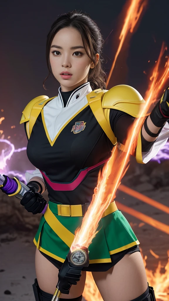 A Stirring, High-Quality Masterpiece of a member of a Ranger Team. The ranger is adorned in vibrant colors: rosa, red blazing in the foreground, violet, green, yellow, black blue, and white. Her dynamic poses exude energy and courage against a background that pulsates with neon, fire, plasma, and fluorescent hues, embodying the essence of the classic Sentai superhero team. The ranger's outfit is sophisticated and modern, the bottom is a miniskirt, with intricate details that reflect her individual theme. She stands ready for action, weapons in hand, under the hues of a breathtaking sunset, bathed in cin. Perspective: Camera looking up at her.