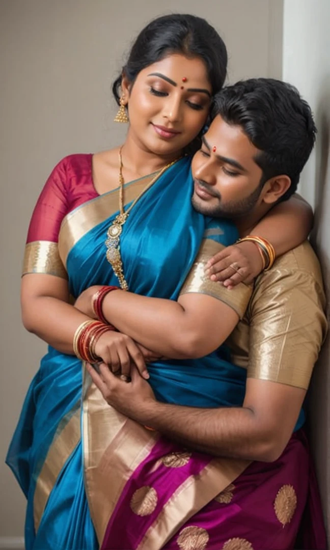 A radiant, full-figured plus sized South Indian 45 year old bride wearing a transparent blue colour silky saree standing hugging and kissing a 23 year old boy in a living room, , captured in a full-body image with vibrant hues and meticulous details. Full body image