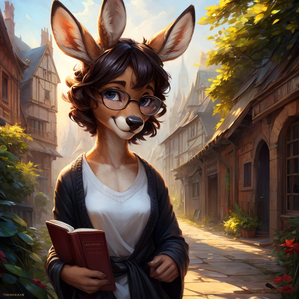 uploaded on e621, by Pixelsketcher, by Bayard Wu, by Thomas Benjamin Kennington , by Einshelm, by hioshiru and kenket, Chunie, portrait, solo anthro female deer doe, tiny featureless breasts, tiny breasts, clear dark blue, cinematic lighting, day, sunny day, walking outside, old town background, french town background, old french background, shiny, short curly dark brown hair, short hair, wears big black nerd glasses, very very beautiful furry art, furry art, thoughtful, shiny, feminine, cute face, muzzle, fluffy chest, flawless face, Fallow deer, 1girl, Sakimichan is beautiful, Masterpiece, Wavethesallow Face, shiny, Detailed image, portrait, Detailed image, portrait, wears pure black wide cardigan under that a white t-shirt, wears short comfortable black fabric trousers, shiny, realistic face, perfect anatomy, hourglass body, anthropomorphic deer, happy, very happy, small ears, huge black nerd glasses, wide happy eyes, look at viewer, smiles, big smile, holds with both hands a book, hourglass body, (furry body:1.1), anthropomorphic deer, small fluffy tail, detailed background, (cute anatomy:1.1)
