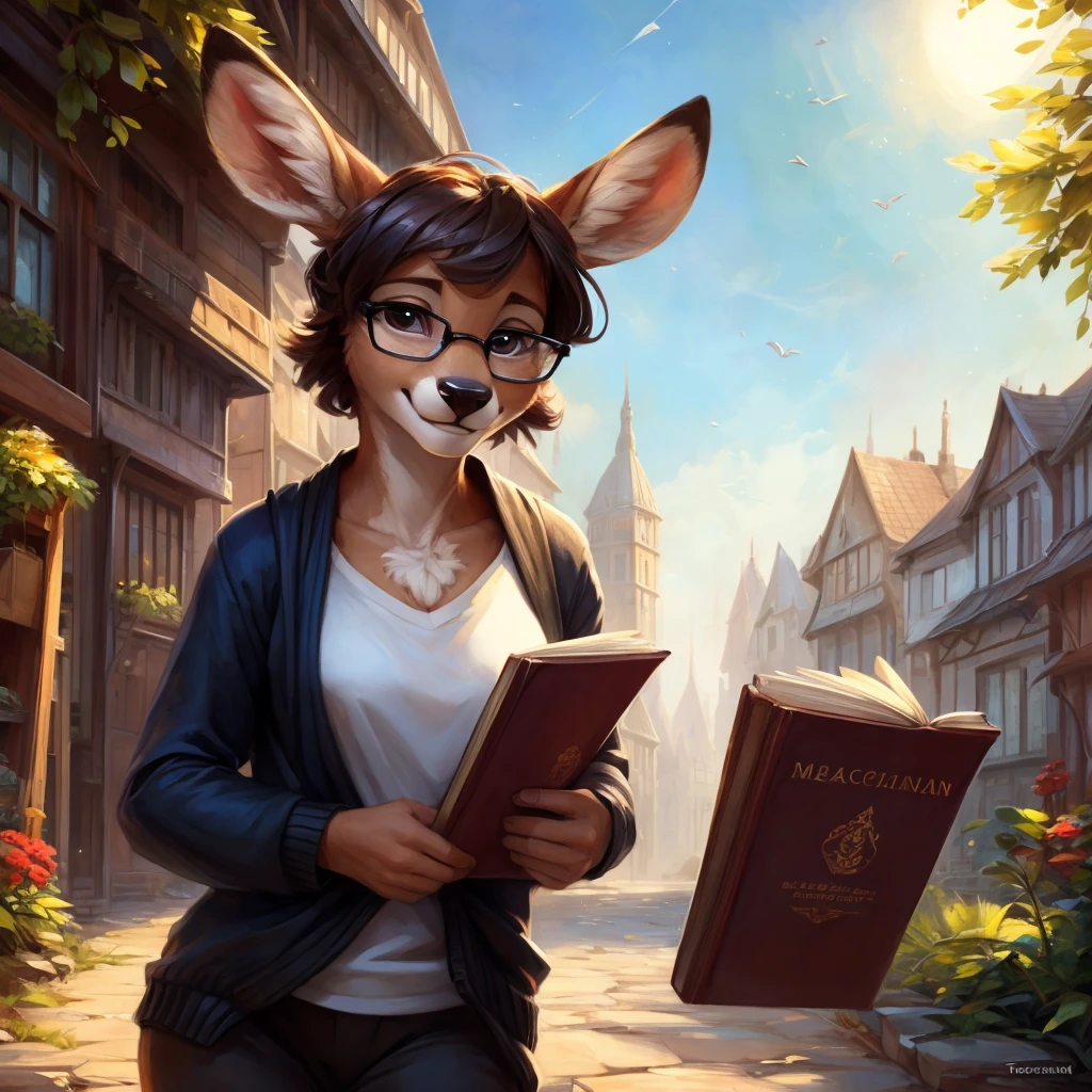 uploaded on e621, by Pixelsketcher, by Bayard Wu, by Thomas Benjamin Kennington , by Einshelm, by hioshiru and kenket, Chunie, portrait, solo anthro female deer doe, tiny featureless breasts, tiny breasts, clear dark blue, cinematic lighting, day, sunny day, walking outside, old town background, french town background, old french background, shiny, short curly dark brown hair, short hair, wears big black nerd glasses, very very beautiful furry art, furry art, thoughtful, shiny, feminine, cute face, muzzle, fluffy chest, flawless face, Fallow deer, 1girl, Sakimichan is beautiful, Masterpiece, Wavethesallow Face, shiny, Detailed image, portrait, Detailed image, portrait, wears pure black wide cardigan under that a white t-shirt, wears short comfortable black fabric trousers, shiny, realistic face, perfect anatomy, hourglass body, anthropomorphic deer, happy, very happy, small ears, huge black nerd glasses, wide happy eyes, look at viewer, smiles, big smile, holds with both hands a book, hourglass body, (furry body:1.1), anthropomorphic deer, small fluffy tail, detailed background, (cute anatomy:1.1)