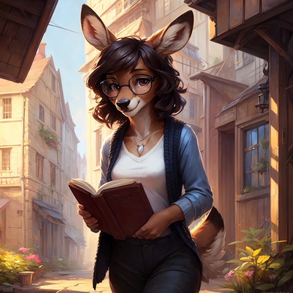 uploaded on e621, by Pixelsketcher, by Bayard Wu, by Thomas Benjamin Kennington , by Einshelm, by hioshiru and kenket, Chunie, portrait, solo anthro female deer doe, tiny featureless breasts, tiny breasts, clear dark blue, cinematic lighting, day, sunny day, walking outside, old town background, french town background, old french background, shiny, short curly dark brown hair, short hair, wears big black nerd glasses, very very beautiful furry art, furry art, thoughtful, shiny, feminine, cute face, muzzle, fluffy chest, flawless face, Fallow deer, 1girl, Sakimichan is beautiful, Masterpiece, Wavethesallow Face, shiny, Detailed image, portrait, Detailed image, portrait, wears pure black wide cardigan under that a white t-shirt, wears short comfortable black fabric trousers, shiny, realistic face, perfect anatomy, hourglass body, anthropomorphic deer, happy, very happy, small ears, huge black nerd glasses, wide happy eyes, look at viewer, smiles, big smile, holds with both hands a book, hourglass body, (furry body:1.1), anthropomorphic deer, small fluffy tail, detailed background, (cute anatomy:1.1)
