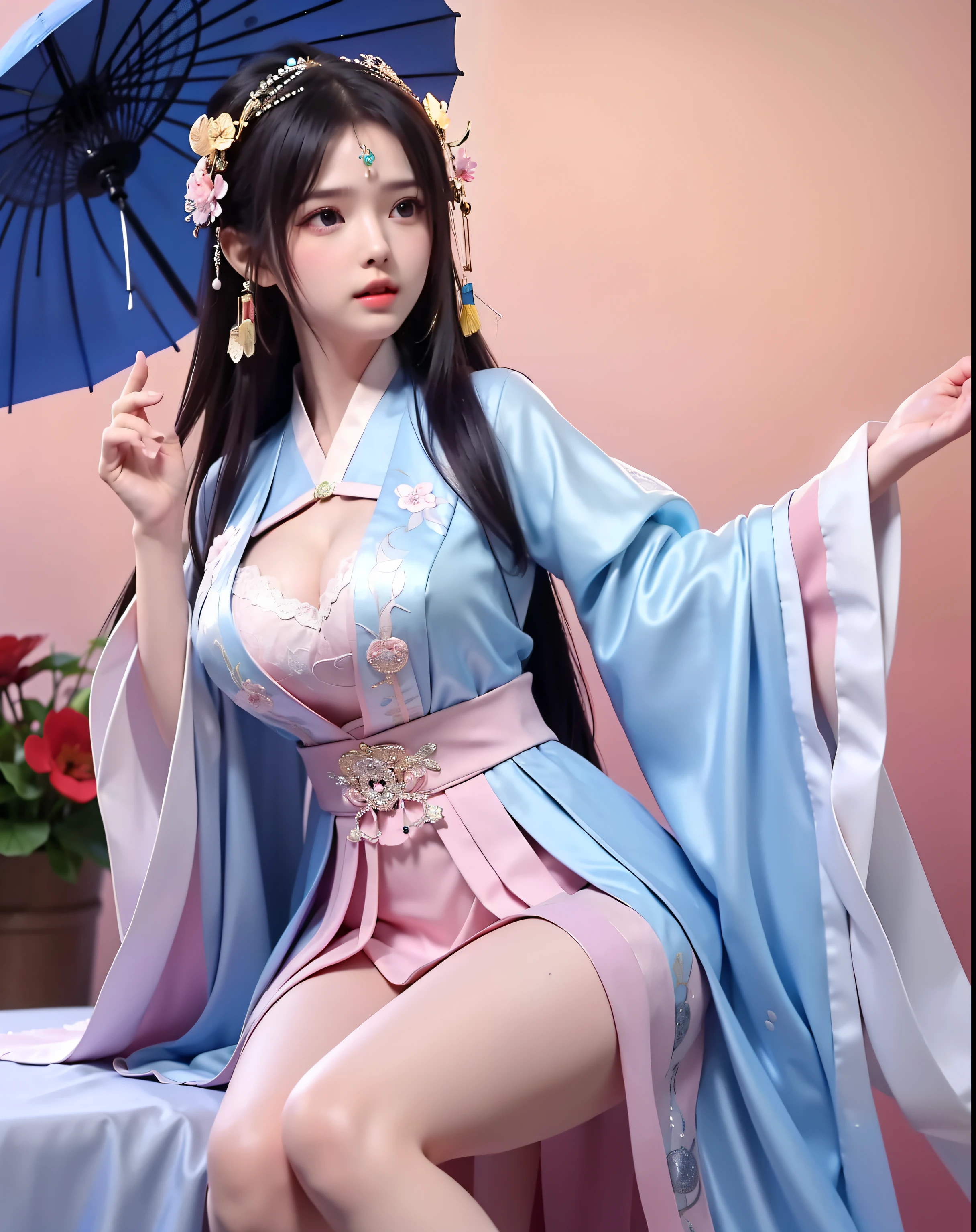 (8k, RAW photo:1.2), best quality, ultra high res,dramatic angle,(fluttered detailed color splashs), (illustration),(((1 girl))),(long hair),(rain:0.9), (Headdress:1.4),There is an ancient palace beside the girl,Hanfu,(Key Points),Color ink painting,(Splash of Color),Splash of Color,(((colorful))),(sketch:0.8) , Masterpiece, best quality, beautiful painted, highly detailed,(denoising:0.6),[splash ink],((ink refraction)), (beautiful detailed sky),moon,highly,detaild,(masterpiece, best quality, extremely detailed） CG Unity 8k Wallpaper，masterpiece，best quality，Ultra Detailed），（Lycoris）. hanfu open v   open V-chested clothes Thin silk lace dress , (huge ，cleavage),, white pink, blue ，best qualtiy，tmasterpiece，Ultra-high resolution，（Reality：1.4），RAW photogr，（True skin texture：1.3），（filmgrain：1.3），（Selfie angle），1个Giant Breast Girl，Beautiful eye and face details，tmasterpiece，Best quality at best，，The chest more ， detailed hair,  pink , detail 8k, full body, lace petticoat