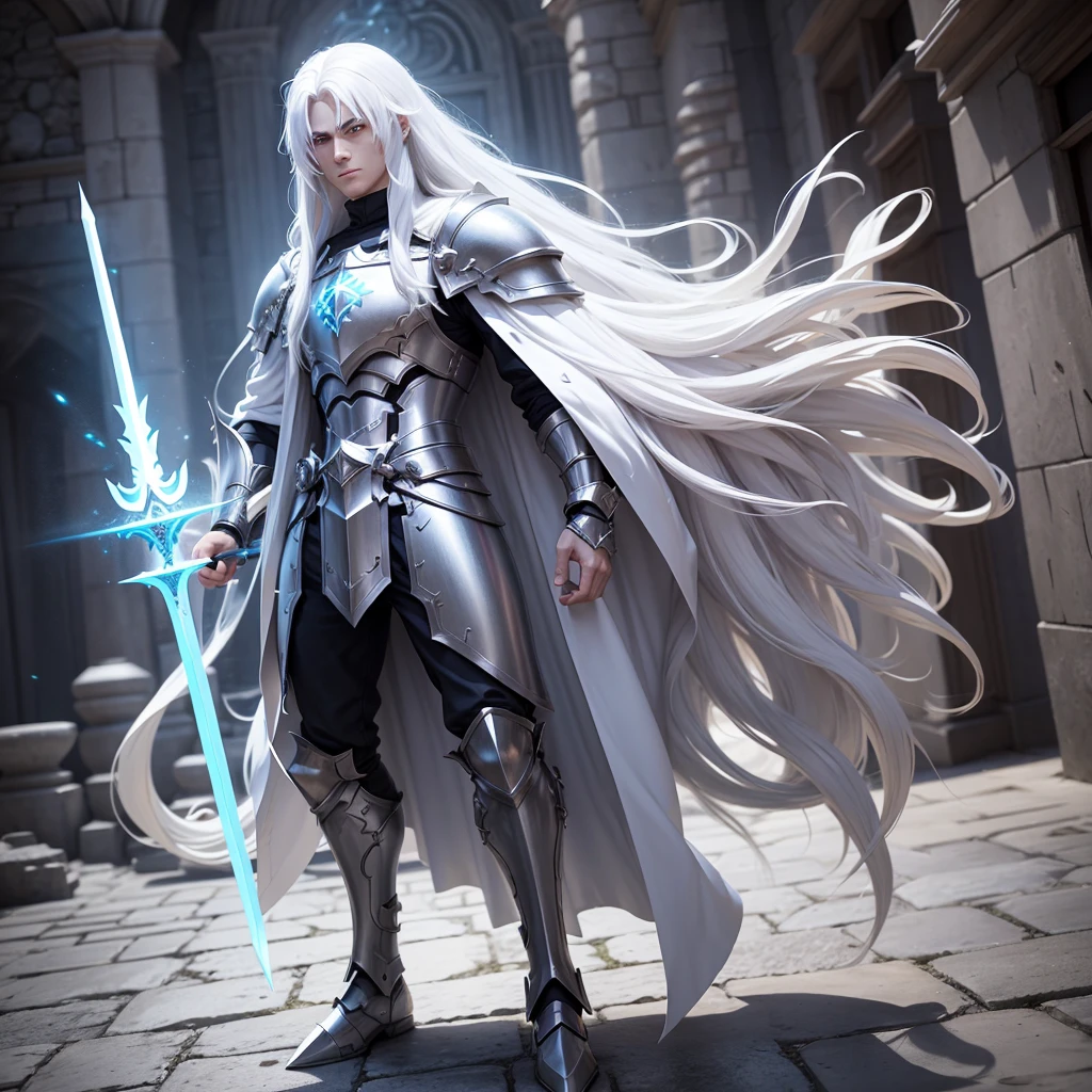 Paladin in 3D full body in attack position long hair white hair color white eyes without beard who has a luminous sword in his right hand and in his left hand he has a shield