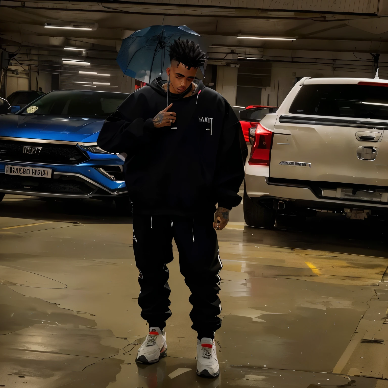 there is a man standing in a garage with an umbrella, photo by full body, profile pic, xxxtentacion, Riyad Cassim, wearing a sweatshirt, long full body shot shot, full body wide shot, full body shot shot!!, wearing a sweatshirt, very reflective, taken at the beginning of 2020, distant full body shot shot