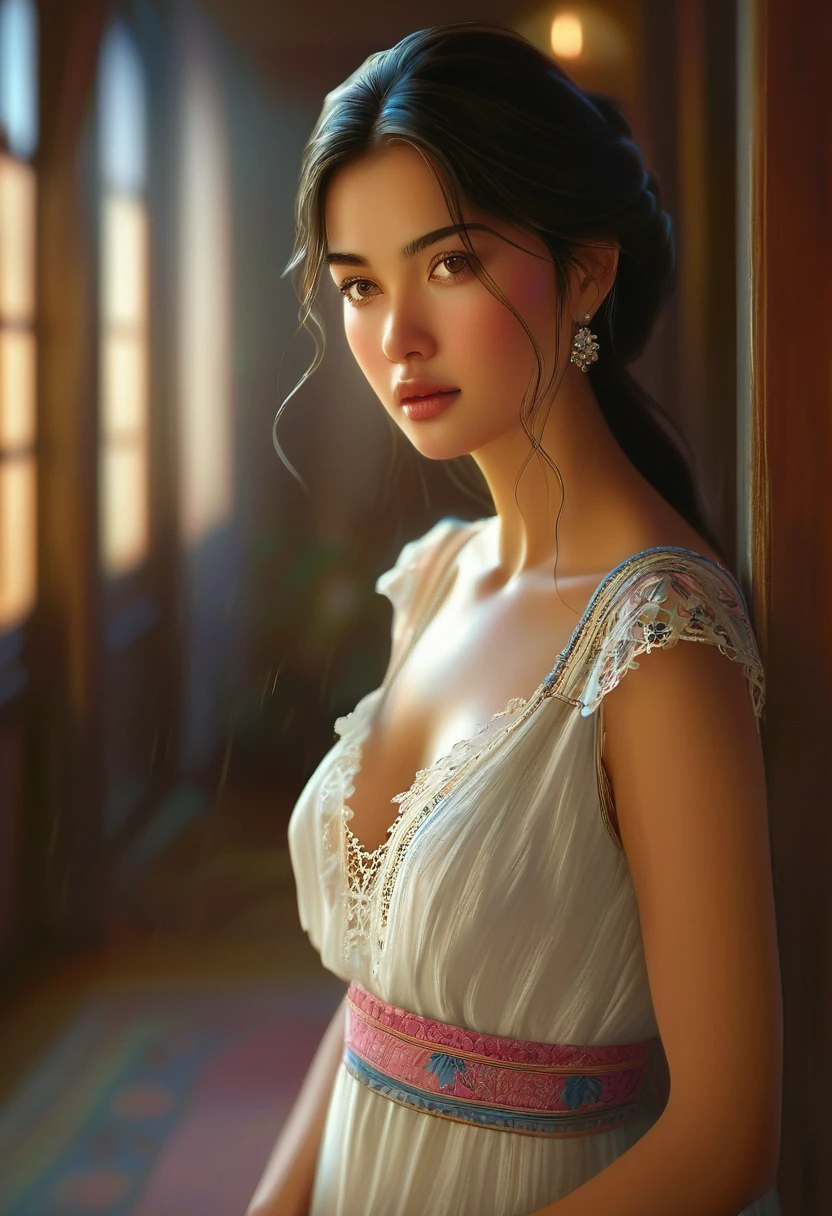 The illustration you provided captures a moment of subtle and delicate beauty, featuring a young woman standing in what appears to be a softly lit indoor setting, possibly a hallway or a room with wooden furnishings. Her appearance is striking and realistic, with a focus on fine details that bring her character to life. She has long, dark hair that cascades over her shoulders and frames her face, appearing slightly damp as if she has just come in from the rain or finished a shower, adding a touch of naturalism and intimacy to the scene. Her skin is smooth and luminous, with a natural blush on her cheeks, enhancing her youthful and fresh appearance. Her facial expression is a mix of contemplation and slight melancholy, with her eyes gazing off to the side, giving a sense of depth and emotion. She wears a beautiful white dress adorned with vibrant pink and blue floral patterns, which adds a splash of color to the composition. The dress is sleeveless with delicate ruffles at the shoulders, enhancing her feminine and delicate look. The fabric of the dress appears light and airy, flowing gently around her, suggesting a sense of movement. Around her neck, she wears a simple, elegant necklace that adds a subtle touch of sophistication to her outfit. The light in the room is soft and diffused, casting a gentle glow on her skin and highlighting the textures and patterns of her dress. The background, though slightly blurred, suggests a warm and cozy interior space, with wooden panels and soft, natural lighting that complements the overall serene and introspective mood of the illustration. The attention to detail in her posture, the slight tilt of her head, and the way her hand rests gently on her chest all contribute to a sense of realism and emotional depth, drawing the viewer into her world and evoking a sense of empathy and connection. This illustration beautifully captures a quiet, reflective moment, blending realism with a touch of artistic warmth and emotional resonance