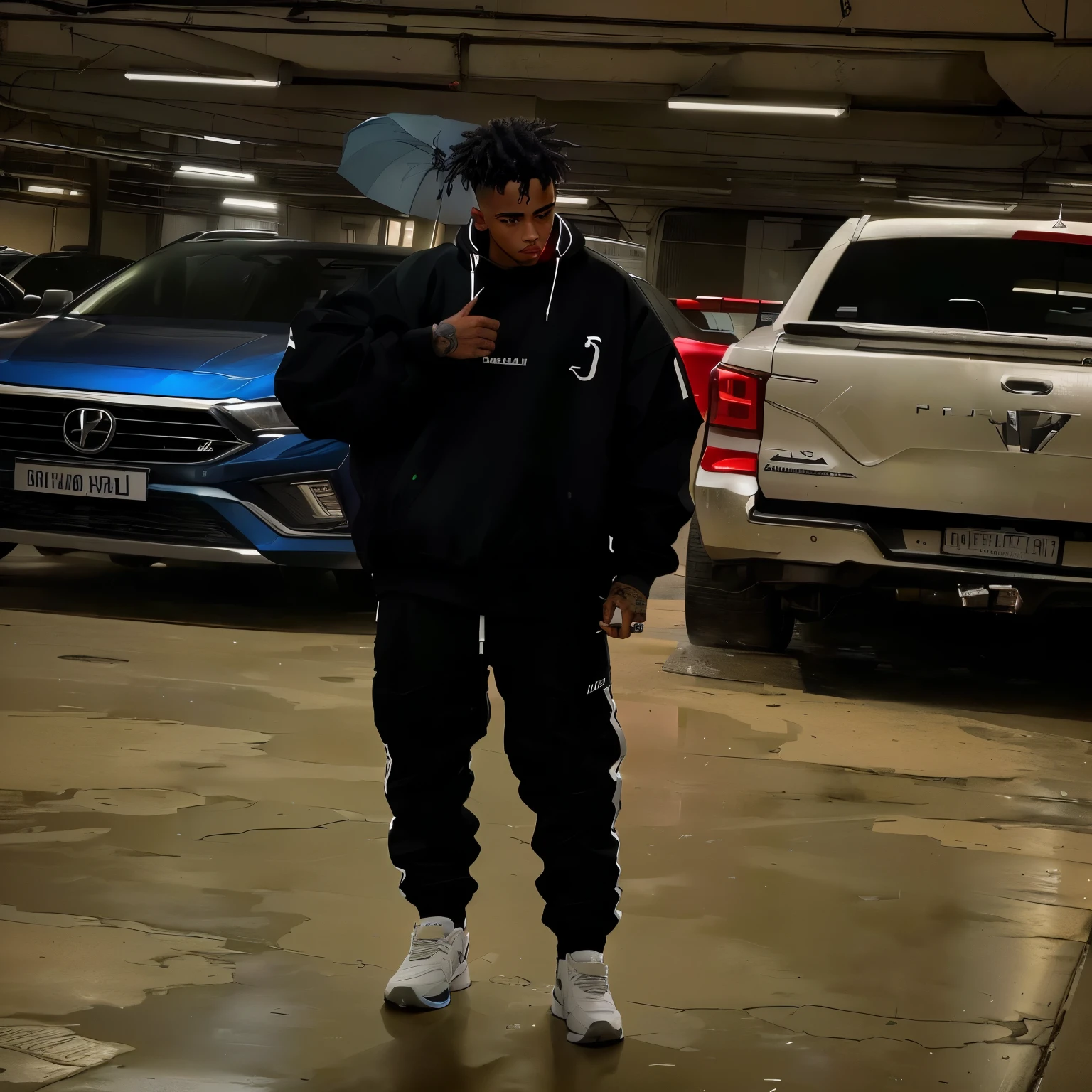 there is a man standing in a garage with an umbrella, photo by full body, profile pic, xxxtentacion, Riyad Cassim, wearing a sweatshirt, long full body shot shot, full body wide shot, full body shot shot!!, wearing a sweatshirt, very reflective, taken at the beginning of 2020, distant full body shot shot