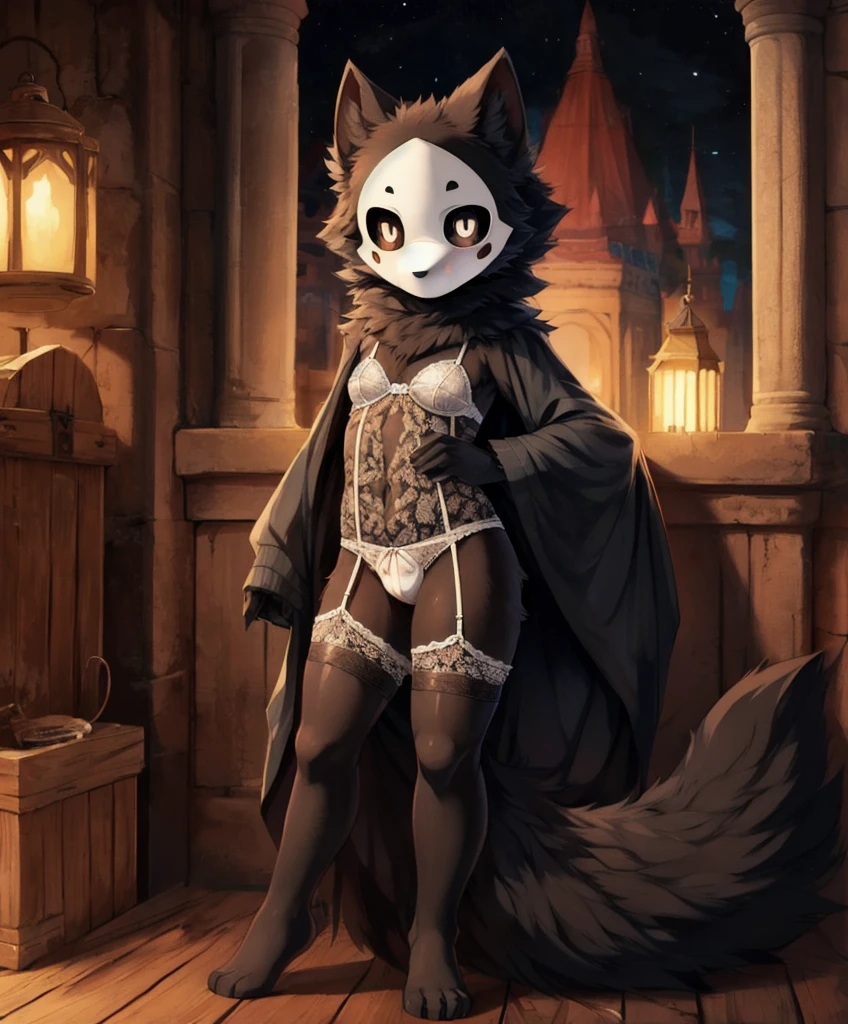 art by dagasi, Kid, by reysi, by hioshiru, by zackary911, by darkgem, masterpiece, portrait, soft lighting , (fluffy fur:1.1), slim, male, puro, black fur, white mask, white eyes, black sclera , looking at viewer, detailed background, full body image, wearing clothes/, wearing white lace 