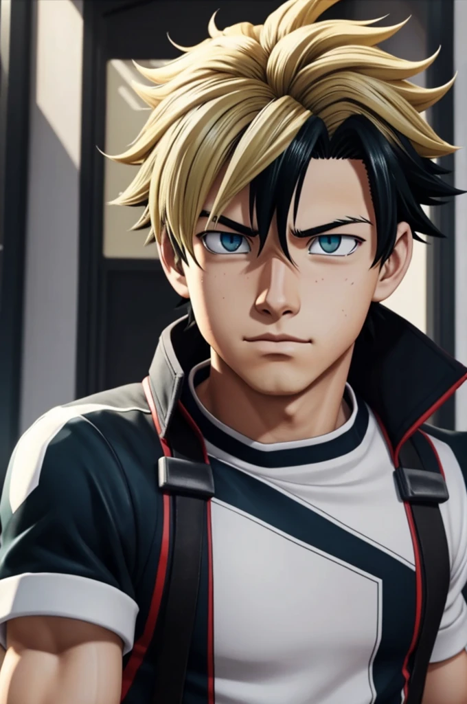Screenshot of my hero academia A boy with black hair with blonde highlights , has an attractive appearance , his eyes are green