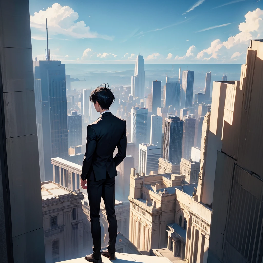1boy, short black hair, blue eyes, wearing all black suits, on top of a building, high res, ultrasharp, 8k, masterpiece, looking at viewer from behind