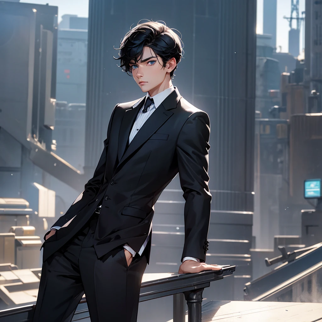 1boy, short black hair, blue eyes, wearing all black suits, on top of a building, high res, ultrasharp, 8k, masterpiece, looking at viewer from behind
