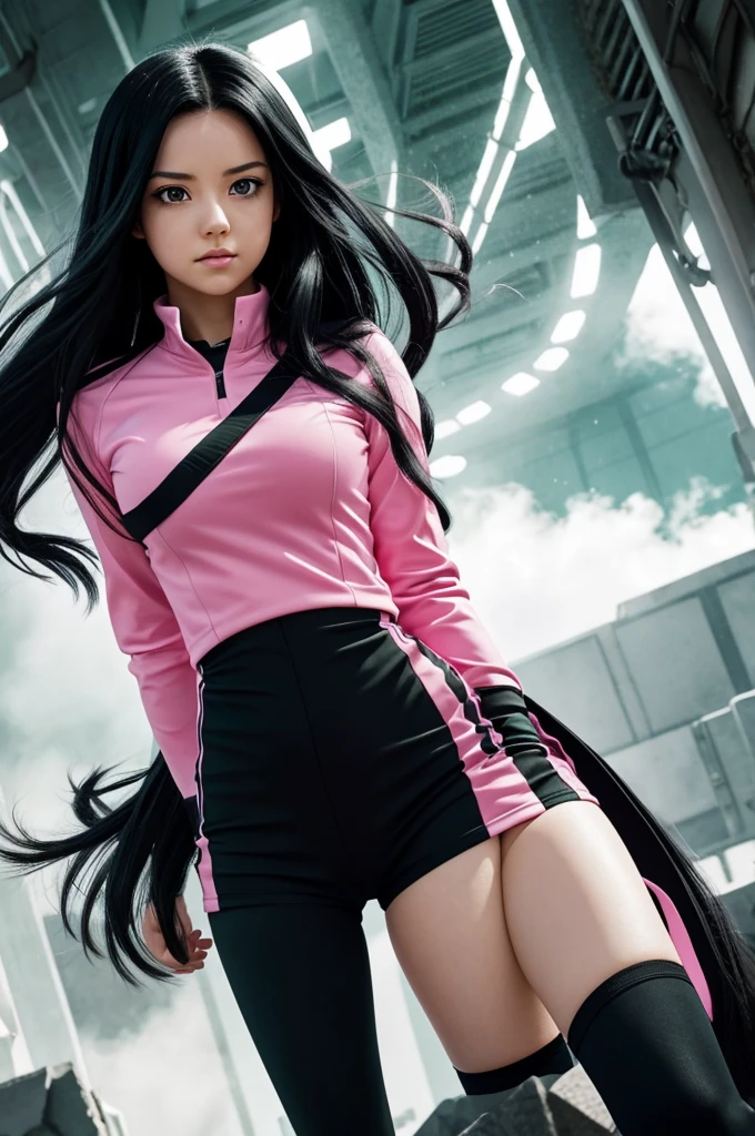 Boku no hero academia anime image, woman with long black hair, green eyes, cold and dull look, pink hero suit with white, panel manga