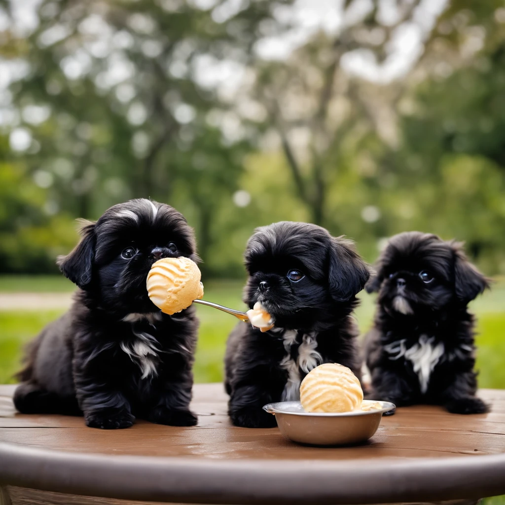 Two Adorable small black shih tzus eating ice cream at park with bubbles around them