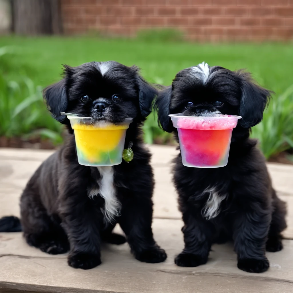 Two Adorable small black shih tzus eating ice cream at park with bubbles around them