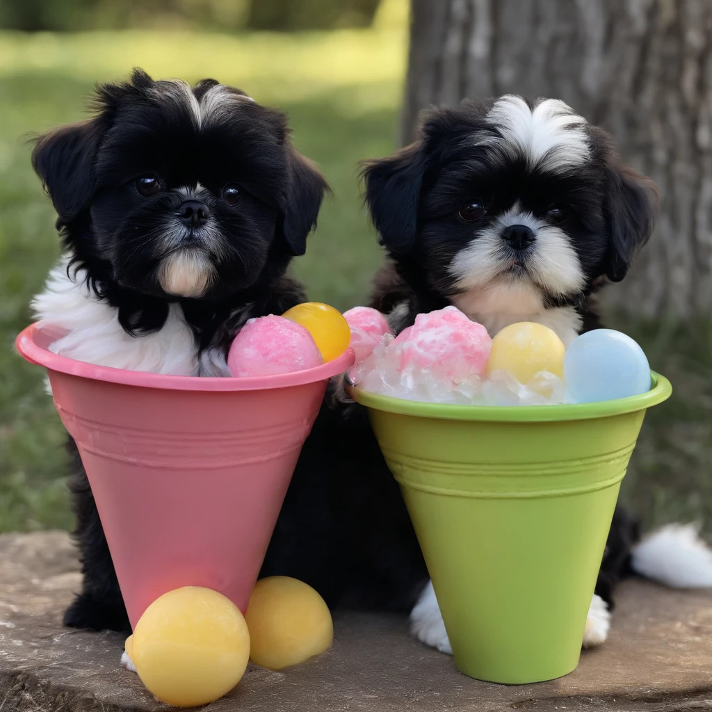 Two Adorable small black shih tzus eating ice cream at park with bubbles around them