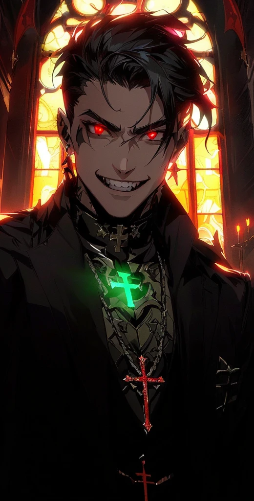 a close up of a person with a cross and a cross on his chest, handsome guy in demon slayer art, evil smile and glowing eyes, androgynous vampire, male vampire, with glowing eyes, handsome male vampire, with red glowing eyes, fantasy art smug smile man, with glowing red eyes, handsome japanese demon boy, beautiful male god of death