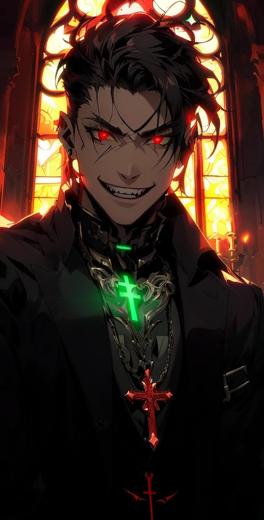 a close up of a person with a cross and a cross on his chest, handsome guy in demon slayer art, evil smile and glowing eyes, androgynous vampire, male vampire, with glowing eyes, handsome male vampire, with red glowing eyes, fantasy art smug smile man, with glowing red eyes, handsome japanese demon boy, beautiful male god of death