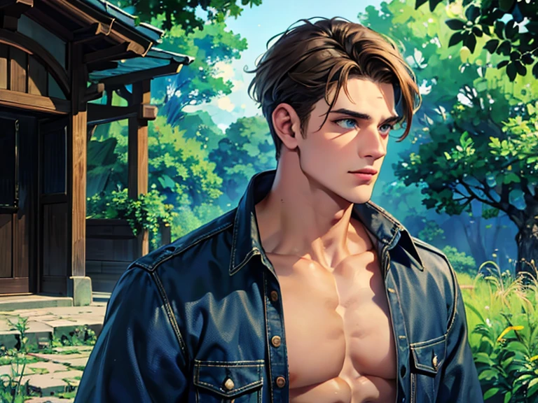 Close-up of Man, Age 25, Sculpted and built, ruggedly good looking, well kept, he has some tattoos, light brown hair, a robust and sharp jawline, bright blue eyes, a narrow nose, and thin lips, wearing a black button-up shirt with the front open, showing his chest, blue jeans, the background is of fields and trees. Quality (masterpiece1.2), (Best quality), (Intricate details)