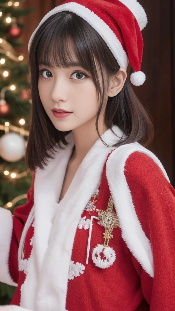 1girl, santa claus costume slim fit, symmetry, cute ultra young girl, ultra short hair, beautiful detailed eyes, beautiful detailed lips, extremely detailed eyes and face, long eyelashes, (best quality,4k,8k,highres,masterpiece:1.2),ultra-detailed,(realistic,photorealistic,photo-realistic:1.37), warm lighting, vivid colors, soft focus, whimsical, cheerful, christmas theme