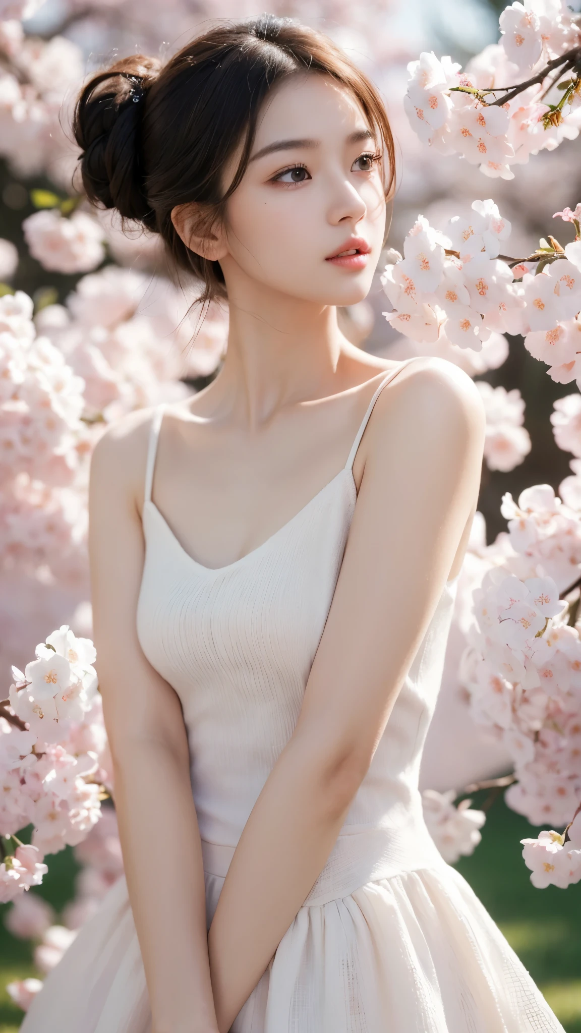 (masterpiece:1.3), (8k, Photoreal, RAW photo, best image quality: 1.4), (beautiful cherry blossom scenery,Walking along the cherry blossom trees),Instagram beauty,20 year old girl、(stylish knit dress)(random hairstyle:1.2)、super detail face、pay attention to details、double eyelid、sharp focus:1.2、Beautiful woman:1.4、light brown hair、highest quality、masterpiece、(Photoreal:1.4)、Highly detailed and professional lighting、Fashion Model、serious expression、short hair、transparent skin、random pose、shining hair