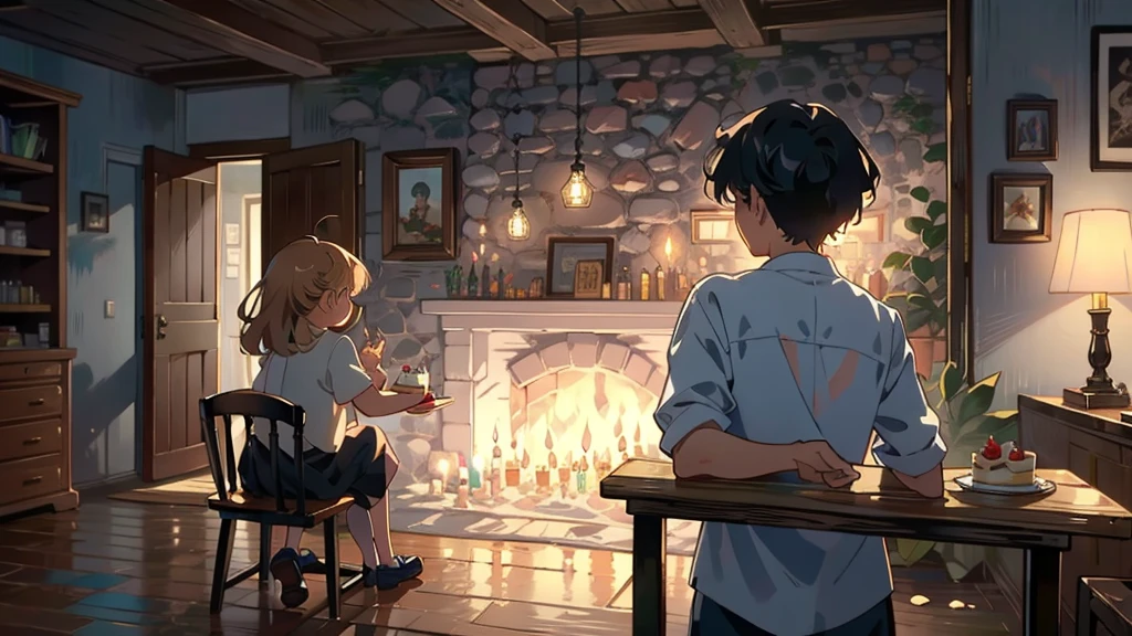 Dark apartment, small birthday cake on old wooden table, modern apartment, alarm clock on the wall,anime scene.