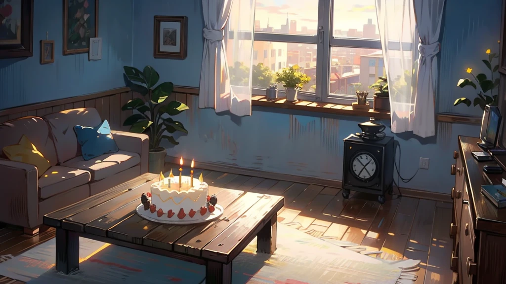 Dark apartment, small birthday cake on old wooden table, modern apartment, alarm clock on the wall,anime scene.