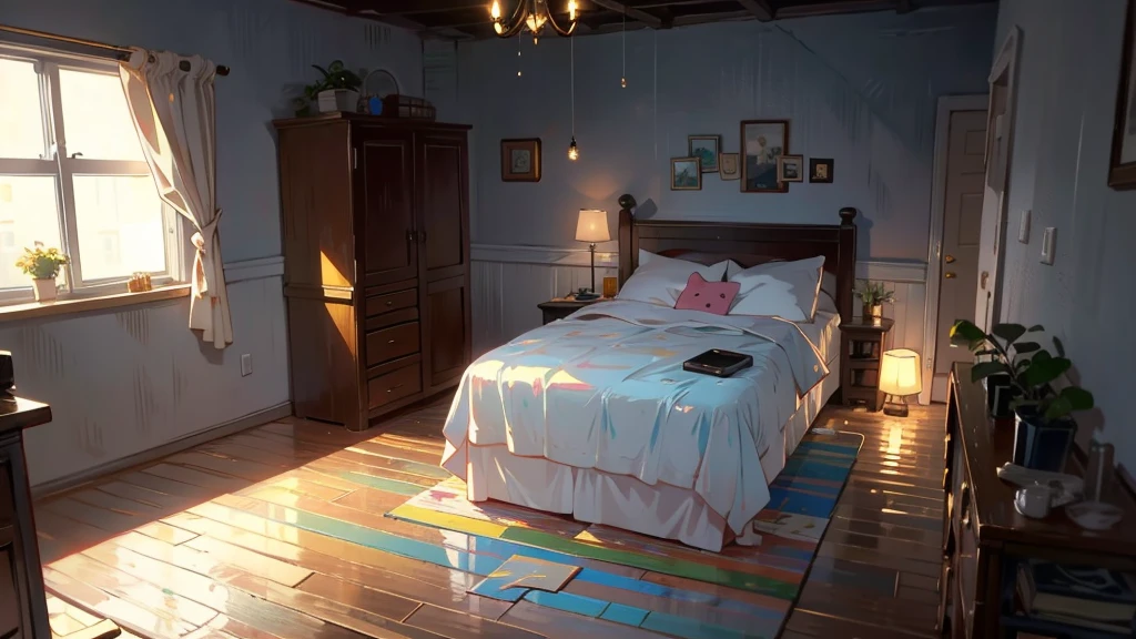 Dark apartment, small birthday cake on old wooden table, modern apartment, alarm clock on the wall,anime scene.