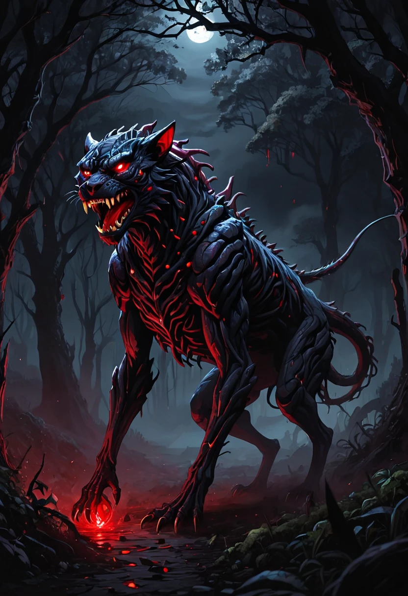 **Prompt:** Create an ultra-realistic 8K resolution image of the Chupacabra, a terrifying mythical creature from Latin American folklore. The Chupacabra is depicted with grayish-green, scaly skin that glistens under the pale moonlight. Its eyes are glowing red with an intense, malevolent gaze, while its mouth is filled with sharp, bloodstained fangs, ready to tear into its prey. The creature's body is emaciated but muscular, with long, bony arms ending in clawed fingers dripping with fresh blood.

The Chupacabra’s back is adorned with a series of sharp, spiked protrusions that run along its spine, adding to its fearsome appearance. It crouches low to the ground, poised to attack, with one hand on the blood-soaked earth and the other reaching out menacingly. The scene is set in a dark, misty forest, with twisted trees looming ominously in the background. The full moon casts an eerie glow over the landscape, highlighting the creature’s every horrifying detail. Blood spatters the ground, suggesting the aftermath of a recent attack, making the image chillingly intense and nightmarish.