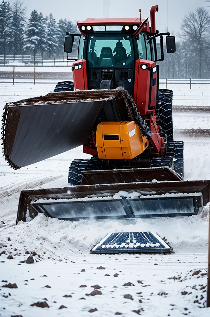 Robot with a solar panel embedded in its head with tractor shovel in a snowy place anime style