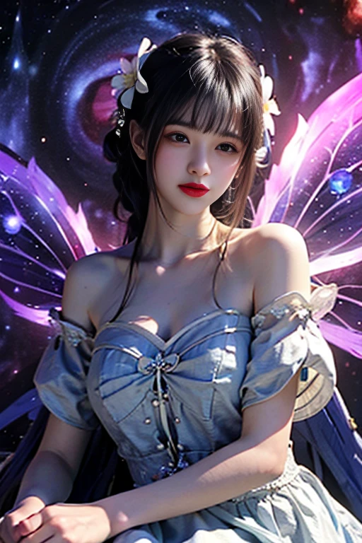 4K Ultra HD, Masterpiece, a young woman, good face, Detailed eyes, detailed lips, Flower Fairy, big wings, clear wings, neon light, (Galaxy Background:1.5), (Flower dress:1.8), (Indigo set:1.5), In heaven, sit,