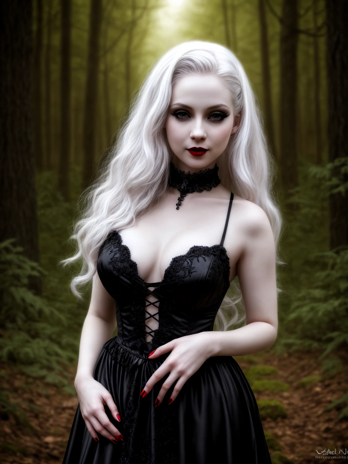 female sexy vampire|albino, pale porcelain skin, sexy vintage black dress, smile, shallow depth of field, grin|creepy, nightfall, detailed face, night, wide hips, narrow waist, portrait of woman standing, detailed eyes, portrait of woman standing, 8k RAW photo, highest quality, looking at the viewer, best shadow, intricate details, long hair, bright eyes, forest, grave, gothic, goth detailed, highres, high qualilty, high saturation