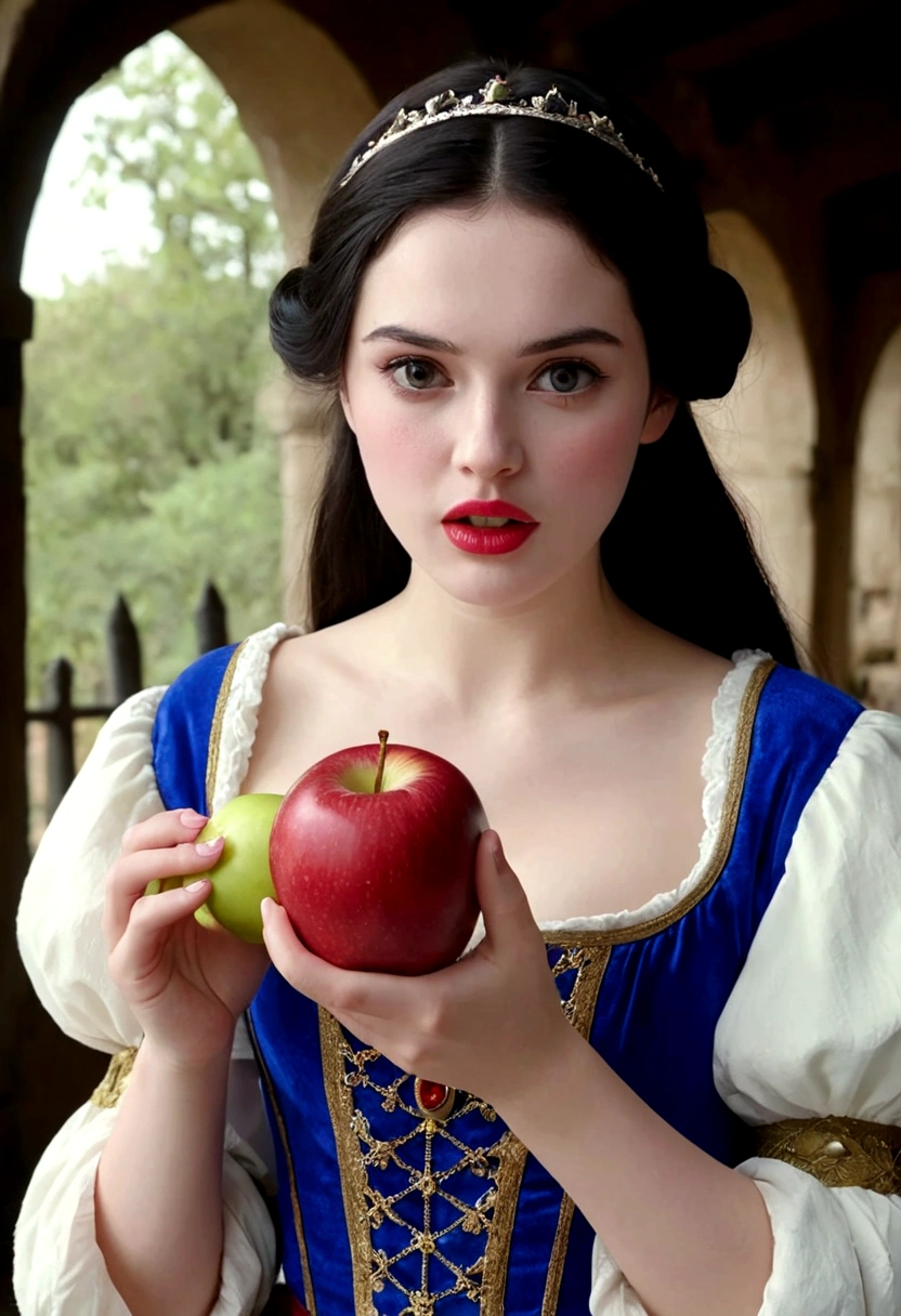 A girl looking at the camera,beautiful snow white eating an apple ultra nítido foco, realistic footage, medieval women's clothing, cor tetradica ),Look directly into the camera