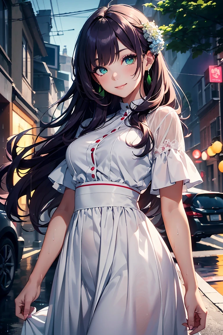 ((1 Girl)), Latest Trends in Clothing,hydrangea,rain, soaked,cute,Wet clothes, Light-colored clothing, smile, Light purple and white outfit, Long skirt, Street fashion,Cowboy Shot,((Very detailed,Highest quality, High resolution, 8k wallpaper, Beautiful clothes,)),((Dark purple hair, Long Hair,Straight hair)) ,(Glowing green eyes),eye shadow, eyeliner,Glowing Eyes, Very detailed目, (Beautiful eyes with highlights), 18-year-old girl.