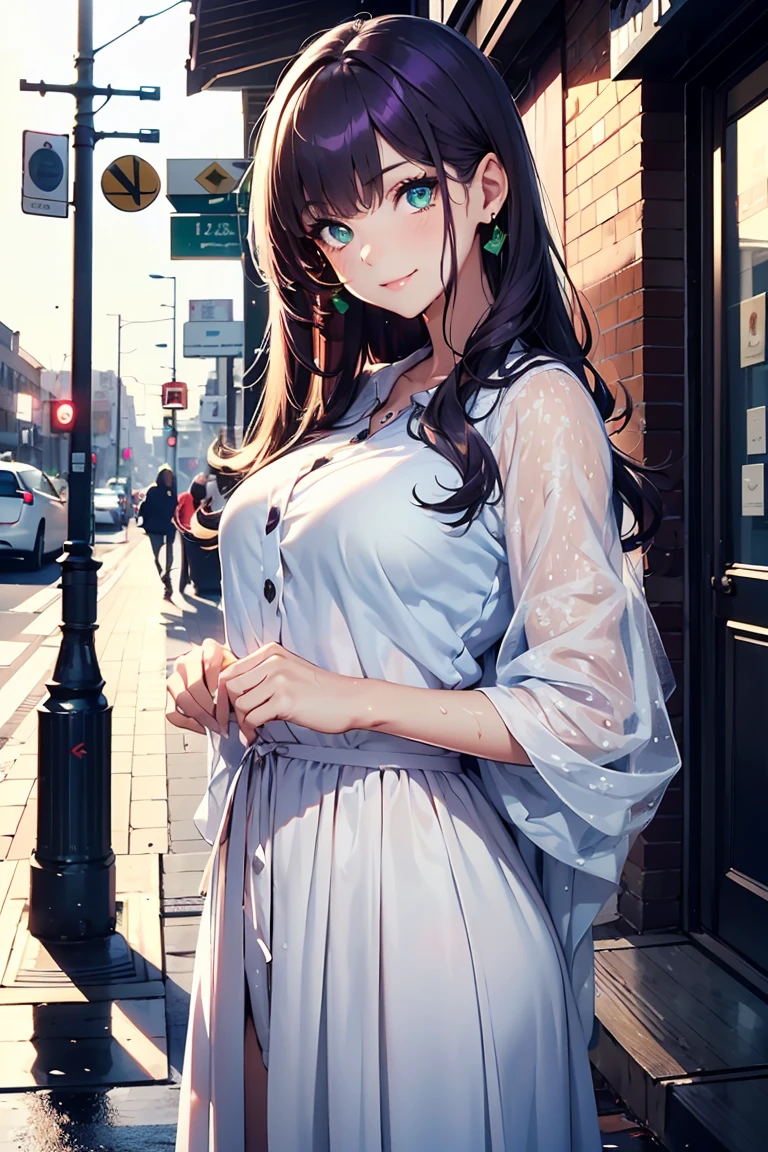 ((1 Girl)), Latest Trends in Clothing,hydrangea,rain, soaked,cute,Wet clothes, Light-colored clothing, smile, Light purple and white outfit, Long skirt, Street fashion,Cowboy Shot,((Very detailed,Highest quality, High resolution, 8k wallpaper, Beautiful clothes,)),((Dark purple hair, Long Hair,Straight hair)) ,(Glowing green eyes),eye shadow, eyeliner,Glowing Eyes, Very detailed目, (Beautiful eyes with highlights), 18-year-old girl.