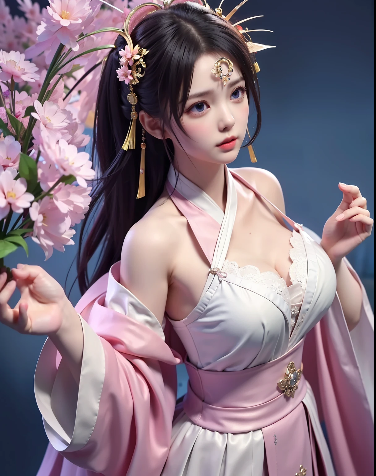 (8k, RAW photo:1.2), best quality, ultra high res,dramatic angle,(fluttered detailed color splashs), (illustration),(((1 girl))),(long hair),(rain:0.9), (Headdress:1.4),There is an ancient palace beside the girl,Hanfu,(Key Points),Color ink painting,(Splash of Color),Splash of Color,(((colorful))),(sketch:0.8) , Masterpiece, best quality, beautiful painted, highly detailed,(denoising:0.6),[splash ink],((ink refraction)), (beautiful detailed sky),moon,highly,detaild,(masterpiece, best quality, extremely detailed） CG Unity 8k Wallpaper，masterpiece，best quality，Ultra Detailed），（Lycoris）. hanfu open v   open V-chested clothes Thin silk lace dress , (huge ，cleavage),, white pink, blue ，best qualtiy，tmasterpiece，Ultra-high resolution，（Reality：1.4），RAW photogr，（True skin texture：1.3），（filmgrain：1.3），（Selfie angle），1个Giant Breast Girl，Beautiful eye and face details，tmasterpiece，Best quality at best，，The chest more exposed， detailed hair, bra pink , detail 8k, full body, lace petticoat