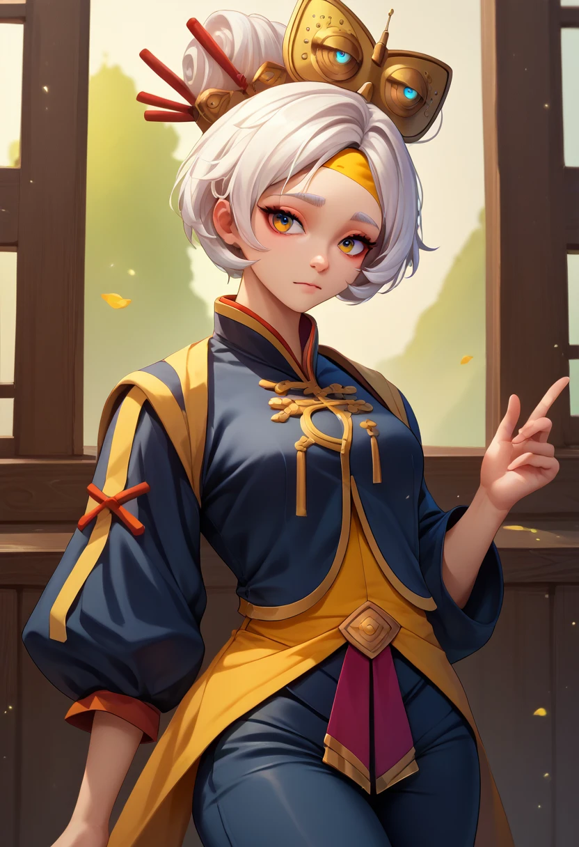 Fraction_9, Fraction_8_up, Fraction_7_Direction_6_up,Fraction_5_Direction_4_up,src_AnimeBREAK chibi,Eye drops,Hair accessories, yellow headband, Taoist priest and black robe, Black pants,White hair