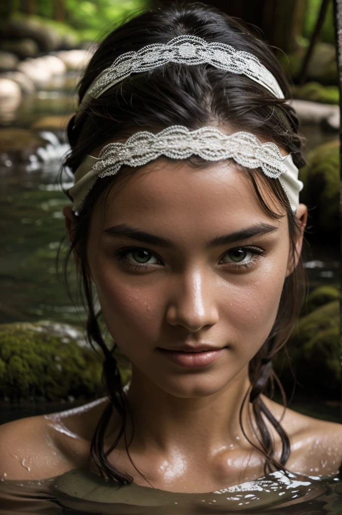 Best Quality, Masterpiece, super high resolution, A super model submerged in hot springs in Japan., outdoor hot springs, stone hot springs, surrounded by moss and trees, super beautiful face, pure body, clear pores visible, (SMILE:0.8), using division (lace headband:1.2), (realism:1.5), Photo original, soaked body, covered in sweat, bare shoulders, in the dark, deep shadows, low-key, cold light