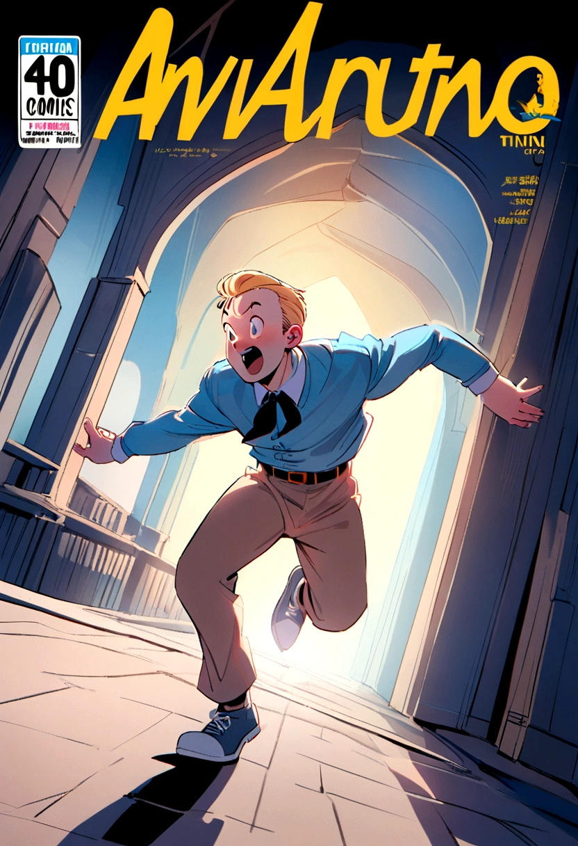 1 young boy, Tintin, "The Adventures of Tintin", Hergé style, detective hat, sprinting, cover of a magazine, magazine title, dynamic poses, Drama, Cinema camera angle, European comics, 90s cartoon art style, dynamic action scenes, swirly vibrant colors, film lighting, dramatic lighting, best qualityer, work of art, Very beauthful, perfect composition, details Intricate, extremely detaild