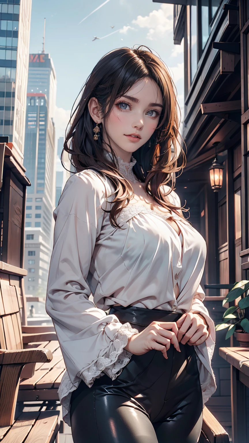 24-year-old woman、Sexy proportions、Narrow waist、slender、Sexy、Multi-colored hair、High neck lace blouse、Long sleeves(Covered to the fingertips)、Longer length、Low rise leggings、Touching your hair、Background of skyscrapers so tall you can look up