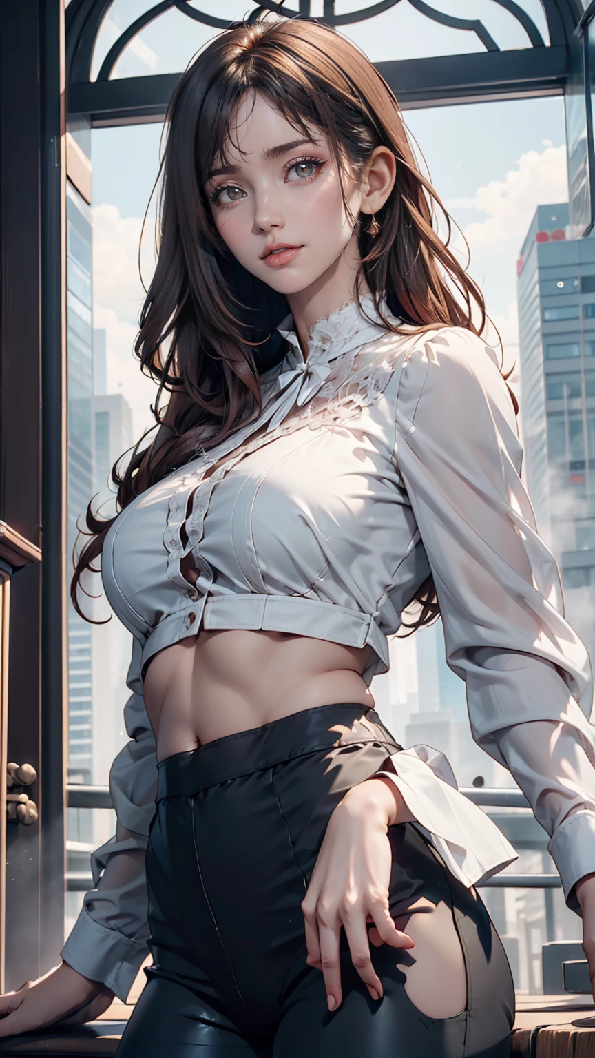 24-year-old woman、Sexy proportions、Narrow waist、slender、Sexy、Multi-colored hair、High neck lace blouse、Long sleeves(Covered to the fingertips)、Longer length、Low rise leggings、Touching your hair、Background of skyscrapers so tall you can look up