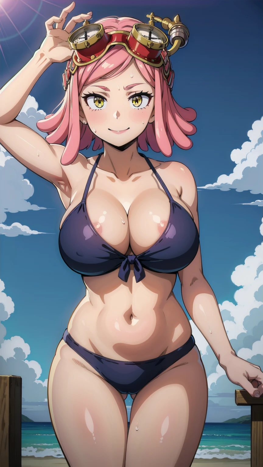 hatsume mei(mha), 1girl solo,pink hair,short hair,goggles on head, TANK TOP,bangs,symbol-shaped pupils, yellow eyes, happy, looking at viewer, Smiling, looking at the viewer, blue theme, blue background, cloudy sky, sunlight, sweat, orgasmic, bikini swimsuit,Bikini, large breasts, cleavage, belly button exposed, collarbone, thighs, sea and beach,