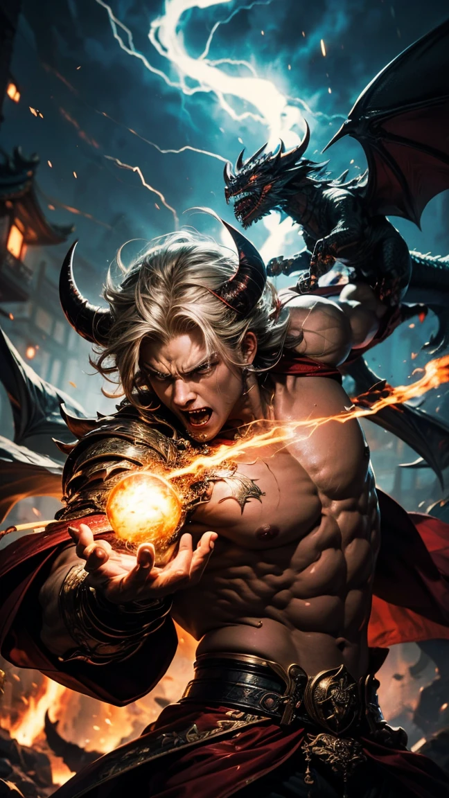 ((devil)) , ((a muscular Devil dressed in red)), platinum blond hair, casting a powerfull spell, dramatic ball lightning between hands, dragon background, ancient chinese temple, highly detailed, photography, ultra sharp, film, bokeh, professional, 64k