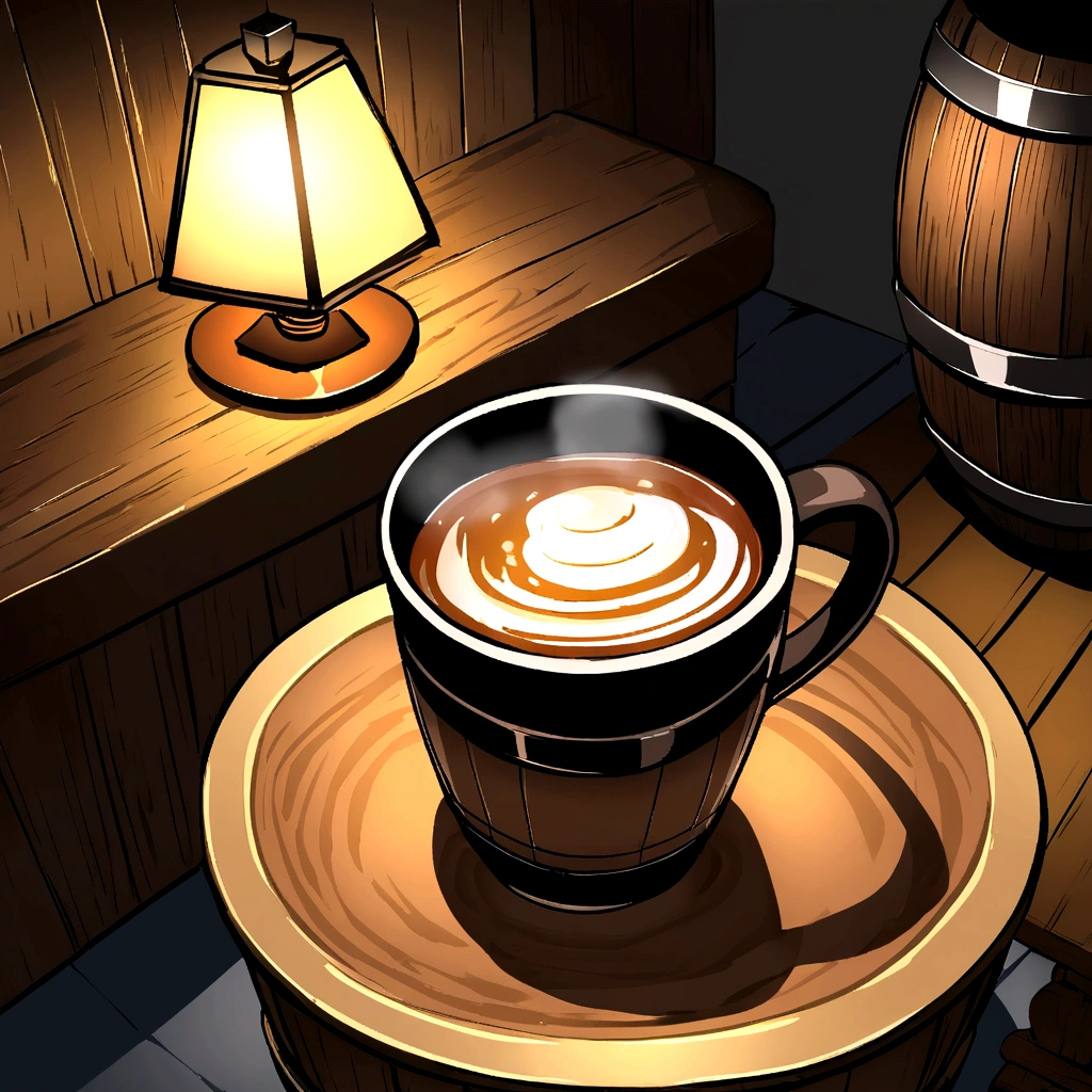 おしゃれなアンティーク調のnightのカフェ　lamp shade　Table in a barrel　Coffee cup　night