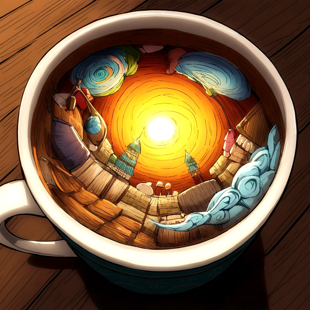 おしゃれなアンティーク調のnightのカフェ　lamp shade　Table in a barrel　Coffee cup　night