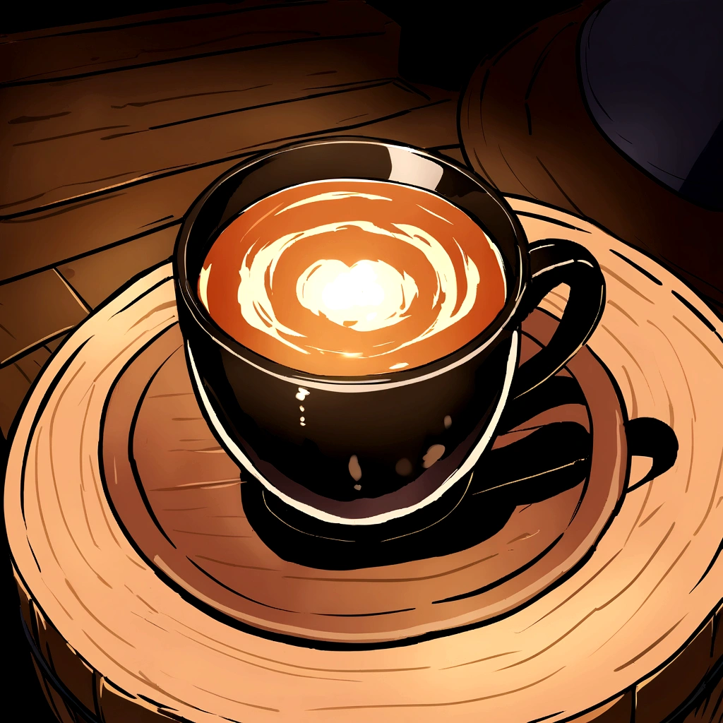 おしゃれなアンティーク調のnightのカフェ　lamp shade　Table in a barrel　Coffee cup　night