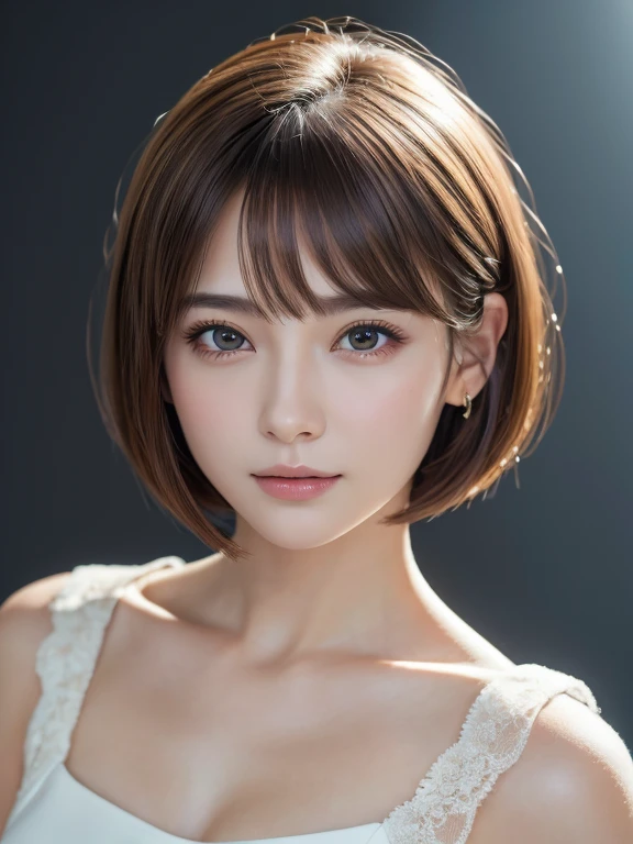 masterpiece, Highest quality, 8K, Absurd, (Upper Body:1.4), White camisole, Beautiful girls, Beautiful Face, Looking at the audience, Laughter, Surreal, High resolution, photograph, Film Grain, chromatic aberration, Sharp focus, High resolution, Face Light, Dynamic Lighting, Cinema Lighting, Professional Shadow, Simple Background, (White Background:1.4), The finest details, Very detailed, Super detailed, In detail, Real Skin, Delicate facial features, Detailed face and eyes, Sharp pupils、Realistic student、bob cut、erect nipples
