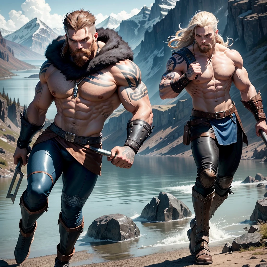 Black Viking left arm tattoo design, a full body muscular viking man, muscular legs, holding weight with right hand, holding a hammer with lightning bolts in his left hand, brown hair divided with bangs, perfect realistic blue eyes, wearing warrior leather pants, wearing warrior boots, lake and mountains in the background.