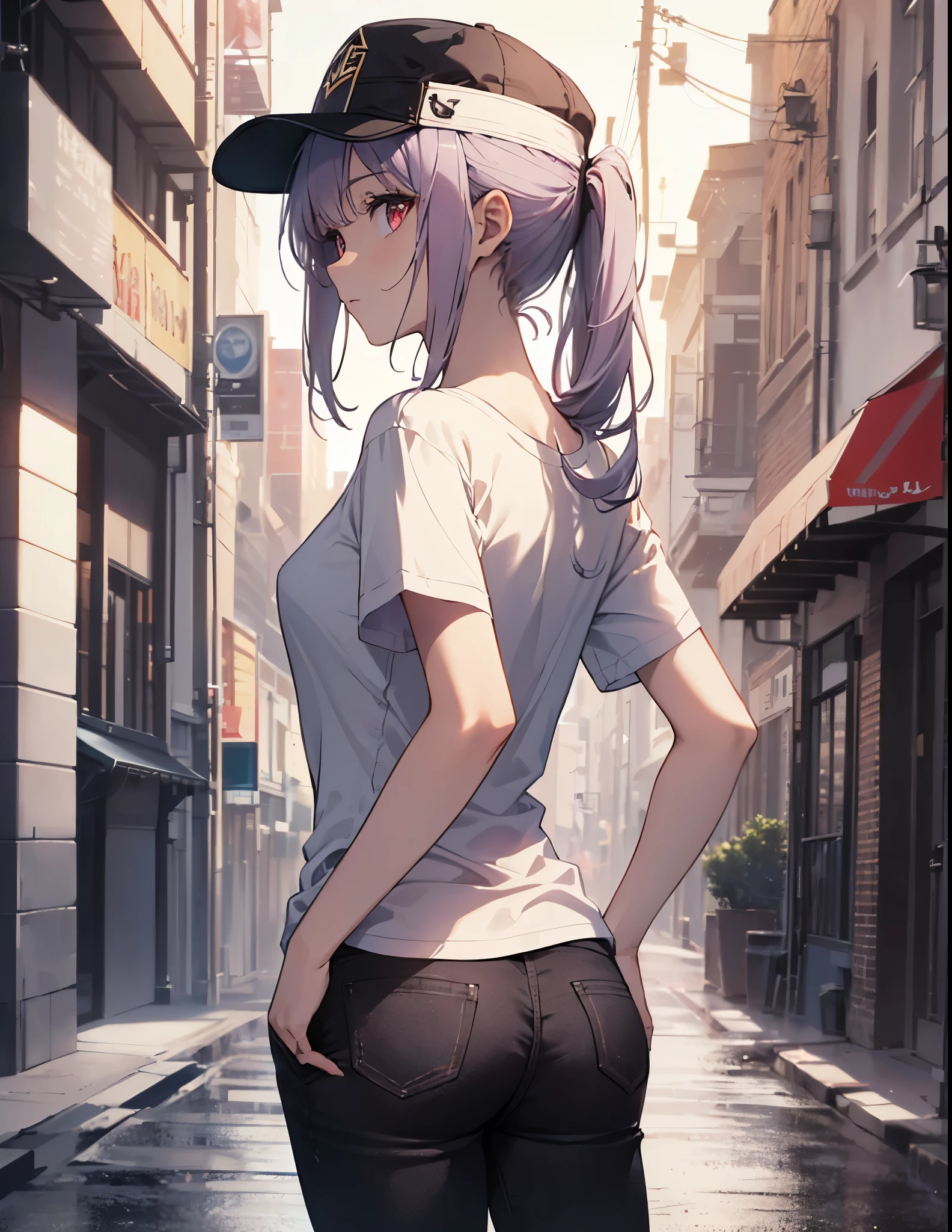 (Close-up:1.3),Realistic,Highest quality, Super detailed, High-quality CG rendering, The most delicate and beautiful, Floating softly, High resolution, (1 girl), (Highest quality,4K,8K,masterpiece:1.2), Light purple hair,(Very long ponytail:1.3),Red eyes,(Pure white oversized short sleeve T-shirt:1.3),(Black skinny pants:1.3),(Pure white cap:1.3),In the city,old buildings,(whole body:1.3),(Turn your back to your audience:1.3),Butt